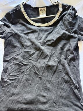 Vocal Black Short Sleeve Tee with Metallic Embellished Neckline